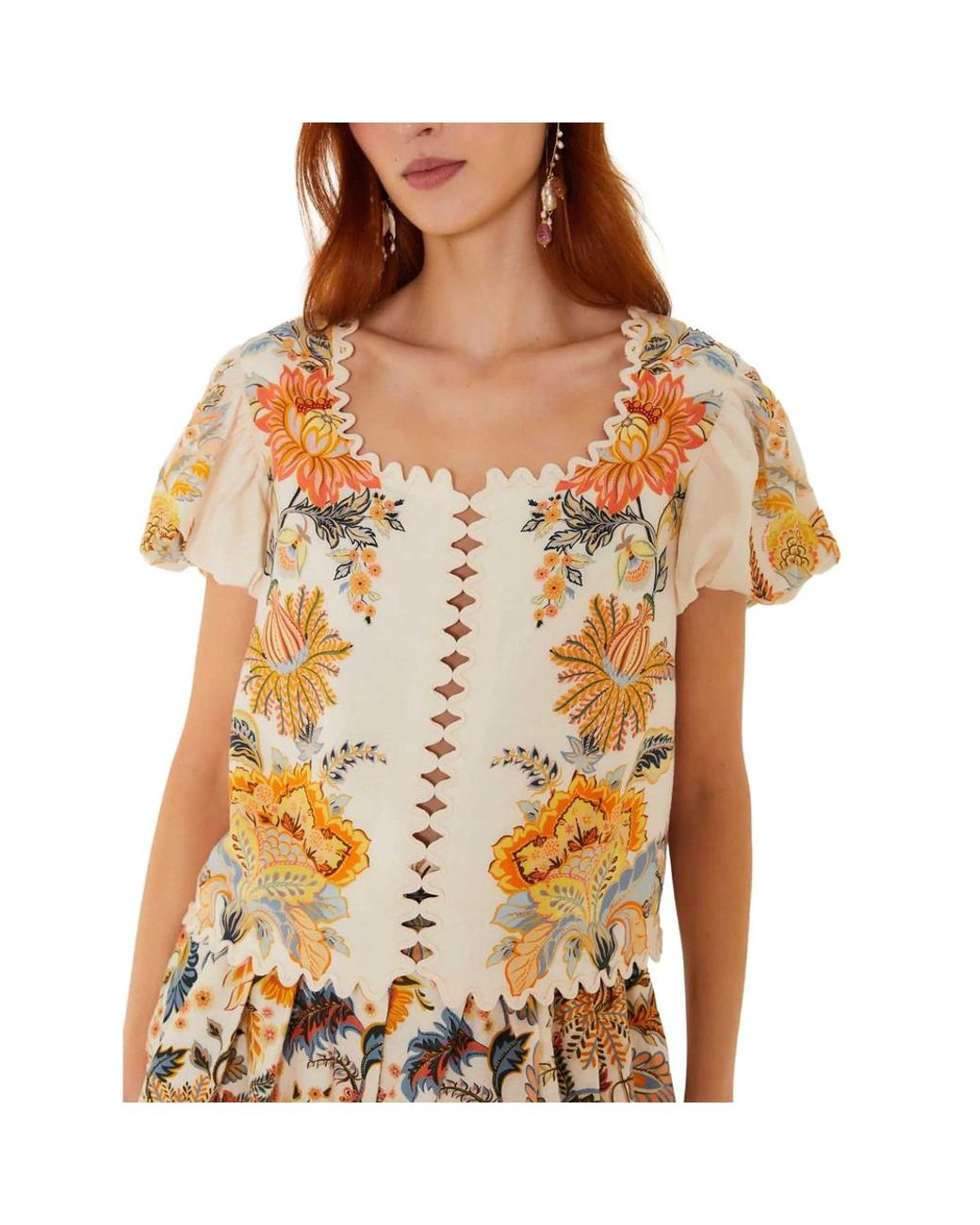 Farm Rio Pink Floral-Print Scallop-Edge Top
