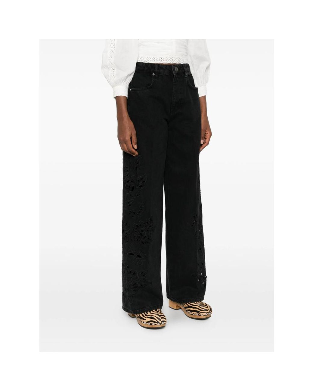 Farm Rio Black Floral-Appliqué Five-Pockets Jeans