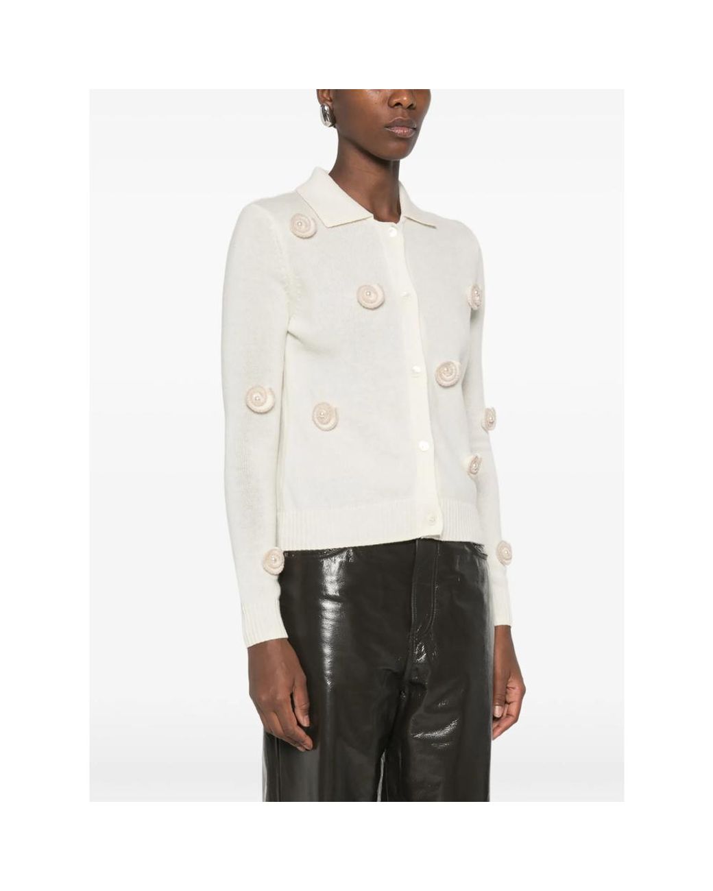 Stine Goya White Snail-Embellished Polo-Collar Cardigan