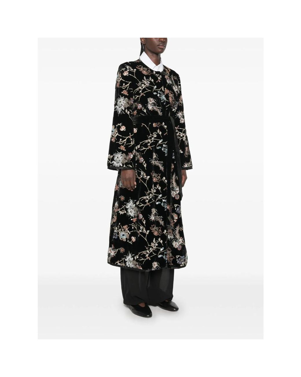 De Santis by Martin Alvarez Black Floral-Embroidered Sequin-Embellished Coat