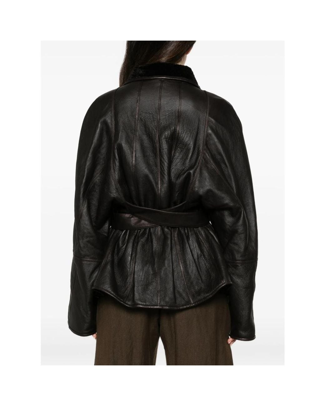 Petar Petrov Black Belted Shearling-Collar Jacket