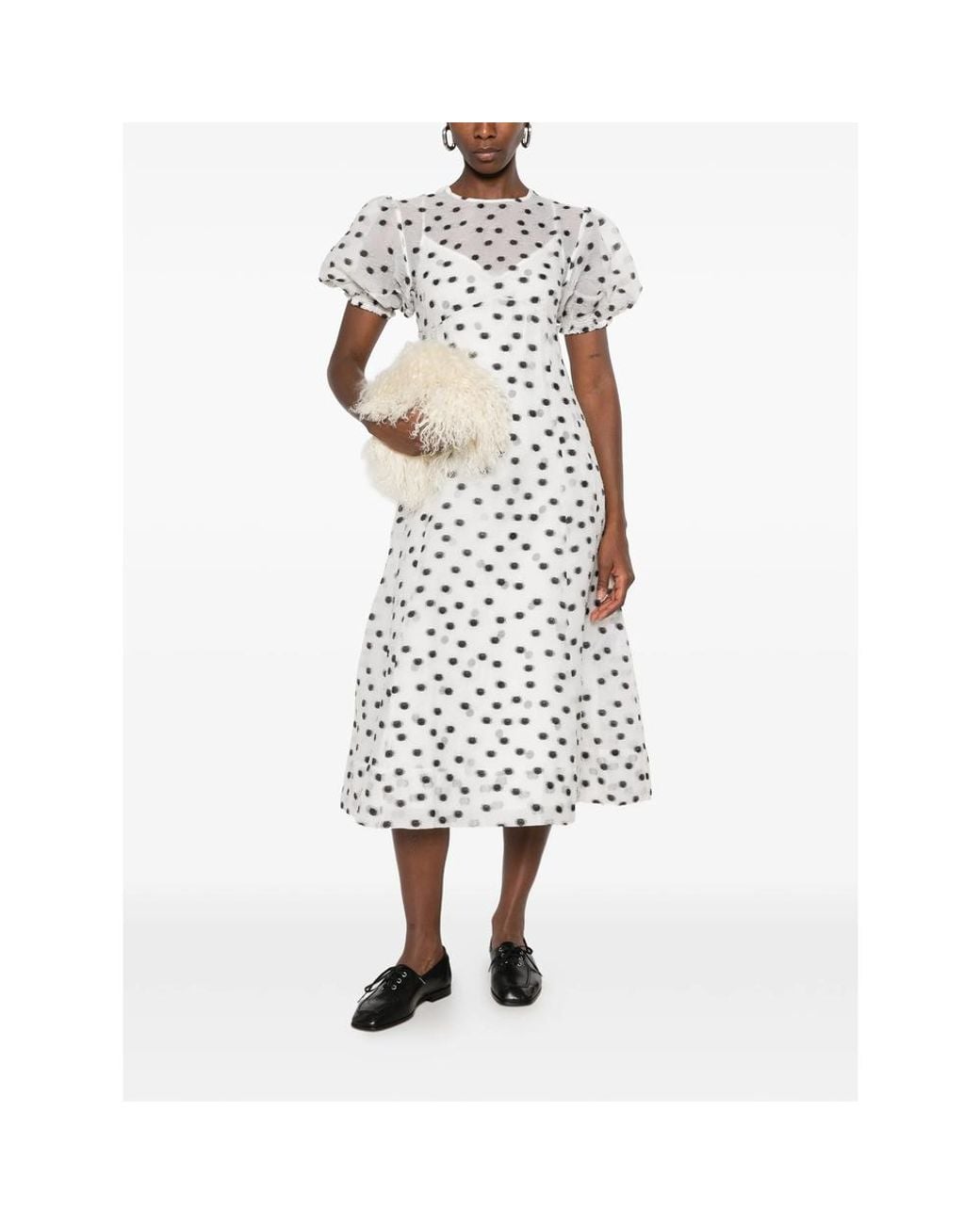 Stine Goya White Polka-Dot Puff-Sleeve Midi Dress