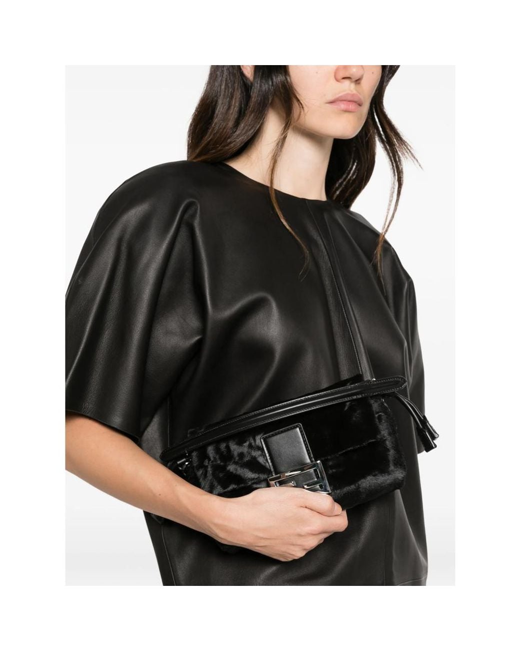 Fendi Black Small Baguette Hair-Finish Clutch Bag