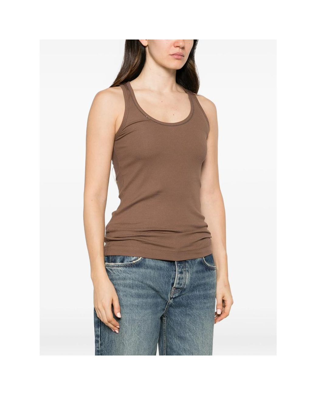 Brunello Cucinelli Brown Ribbed-Knit Monili-Chain Tank Top