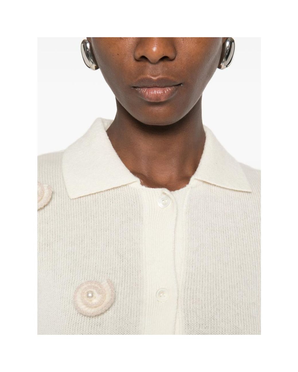 Stine Goya White Snail-Embellished Polo-Collar Cardigan
