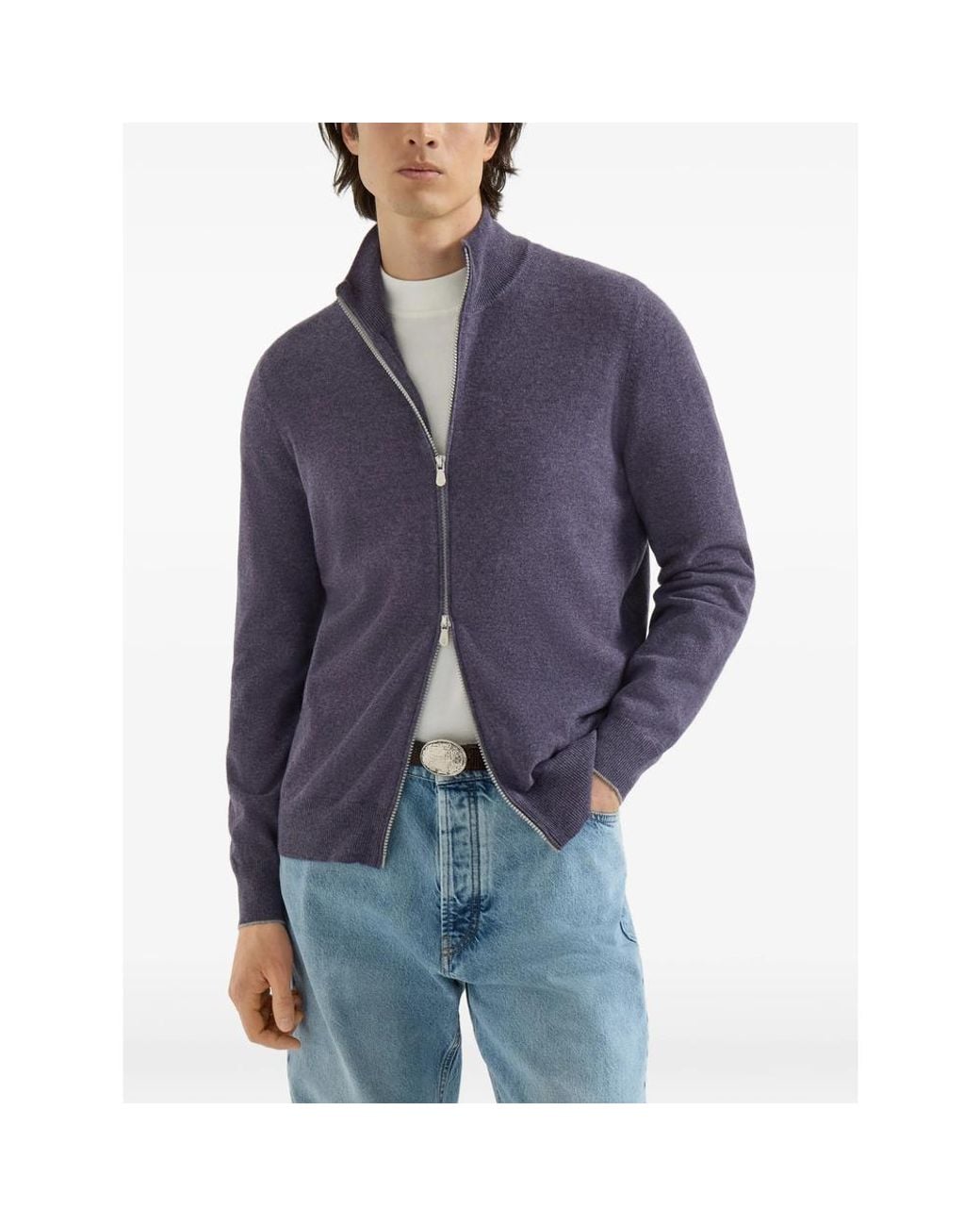 Brunello Cucinelli Blue Cashmere High-Neck Cardigan With Zipper for men