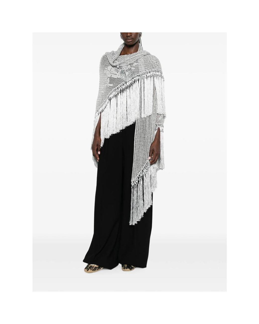 Chiara Is Gray Scialle Rosa Fringed-Trim Crochet-Knit Poncho