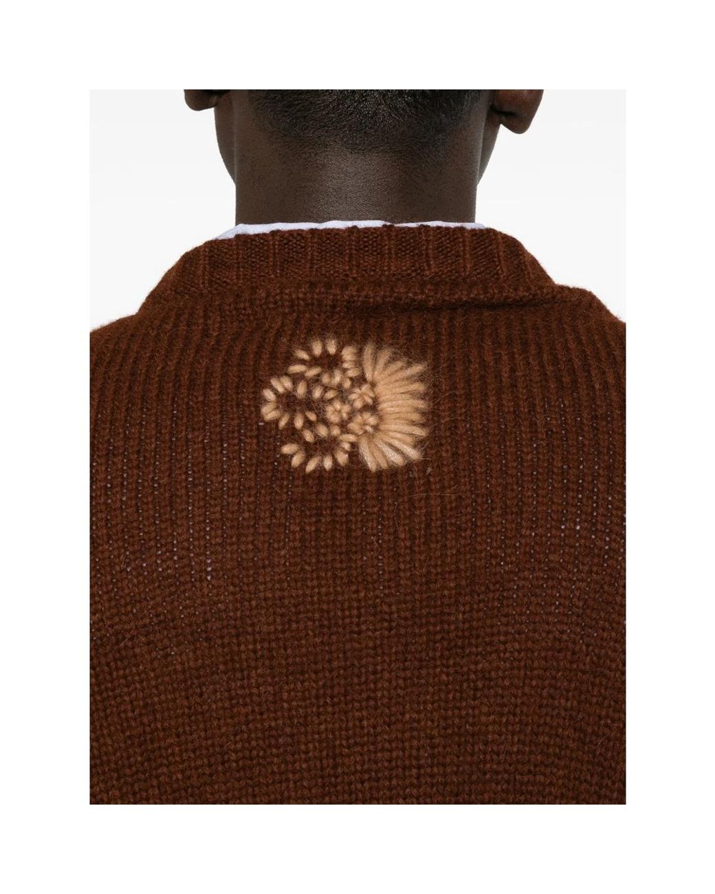 BAZISZT Brown Floral-Embroidered Chunky-Knit Sweater for men