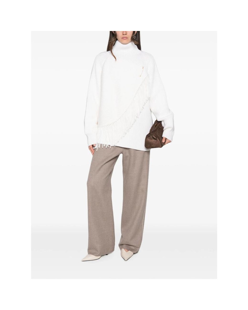 Carven White Fringed High-Neck Knit