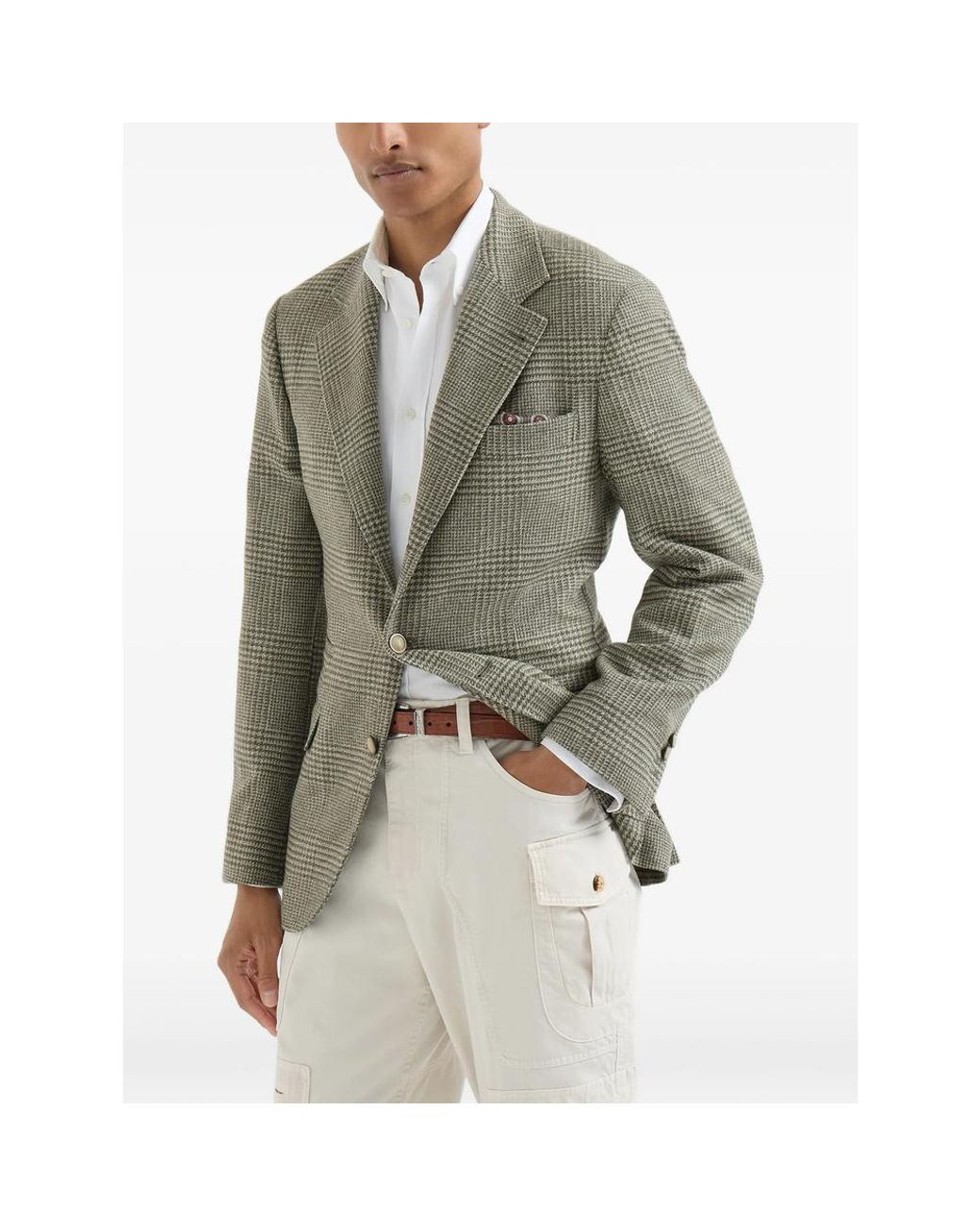 Brunello Cucinelli Green Comfort Wool And Cashmere Prince Of Wales Flannel Deconstructed Blazer for men