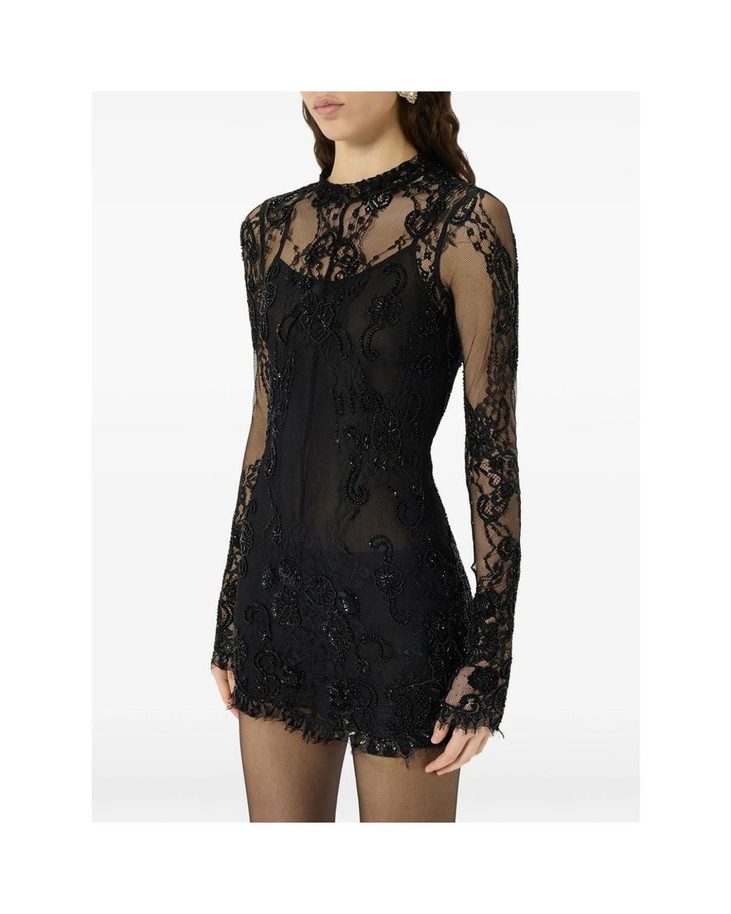 Blumarine Black Embroidered Lace-Overlay Midi Dress