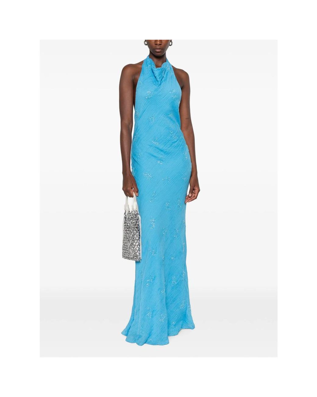 Staud Blue Roselle Beaded Halterneck Maxi Dress