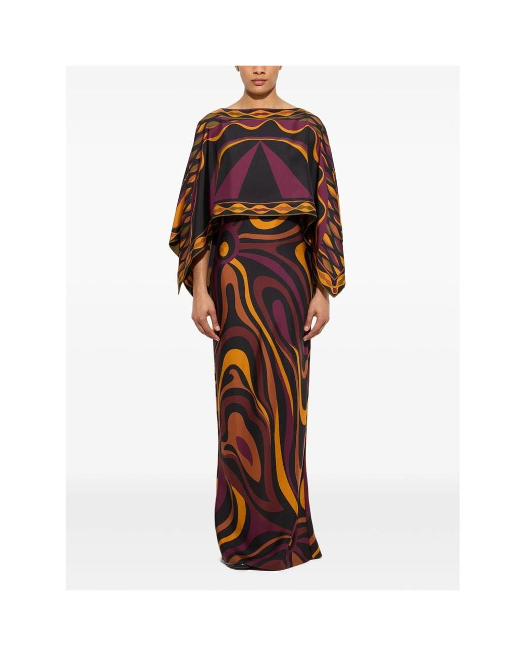 Emilio Pucci Brown Marmo Print Silk Dress With Cape