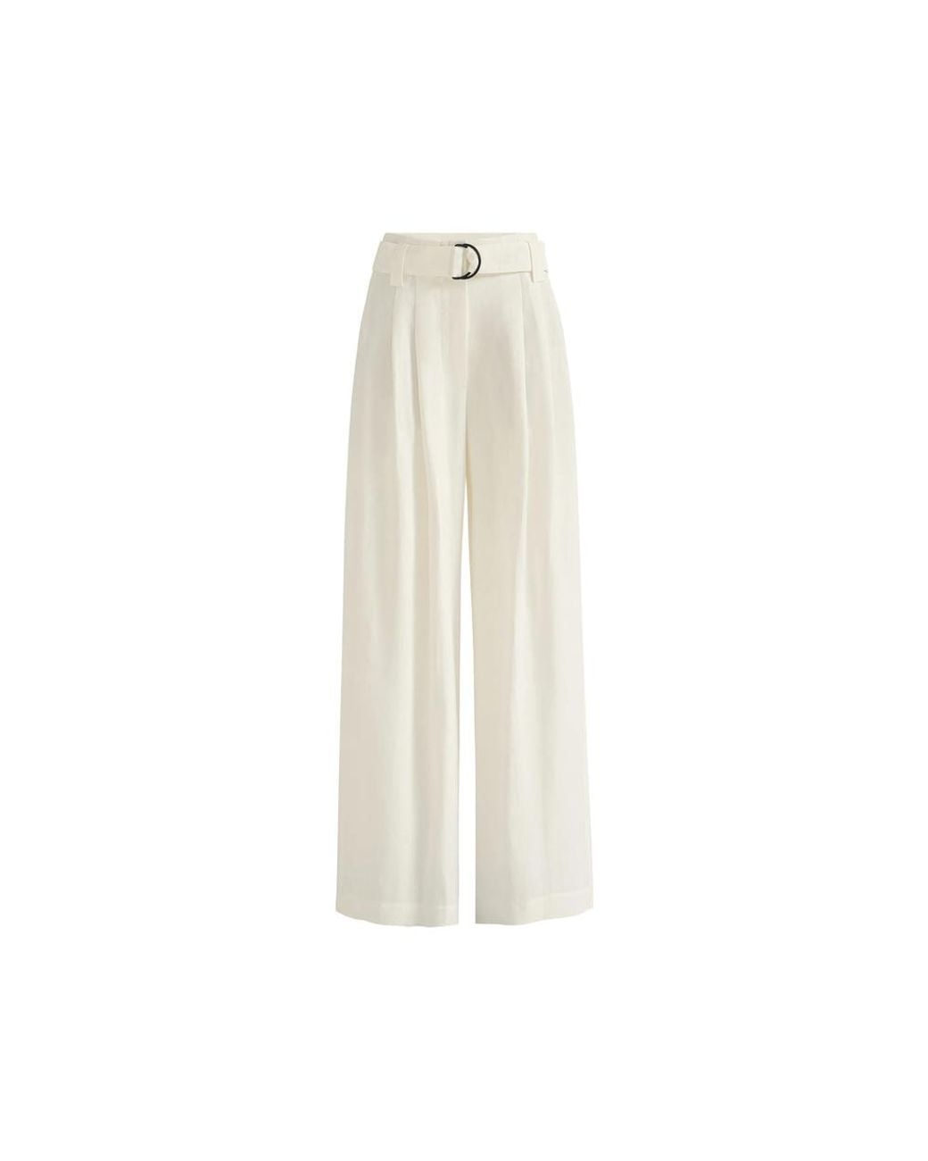 Brunello Cucinelli White Viscose And Linen Fluid Twill Belted Loose Trousers With Monili