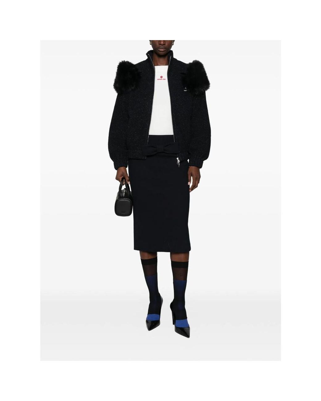 ShuShu/Tong Black Faux-Fur Trim Flecked Coat