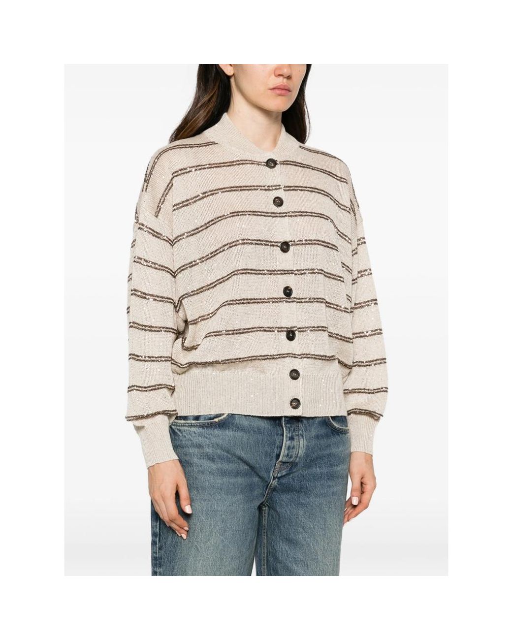 Brunello Cucinelli Natural Sequin-Embellished Striped Cardigan