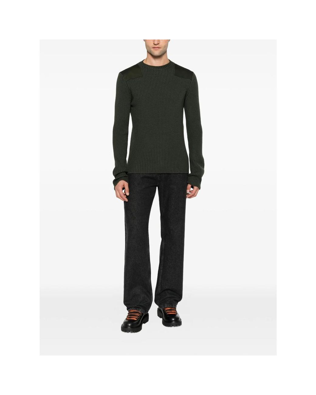 Fendi Green Ribbed-Knit Shoulder-Patch Sweater for men