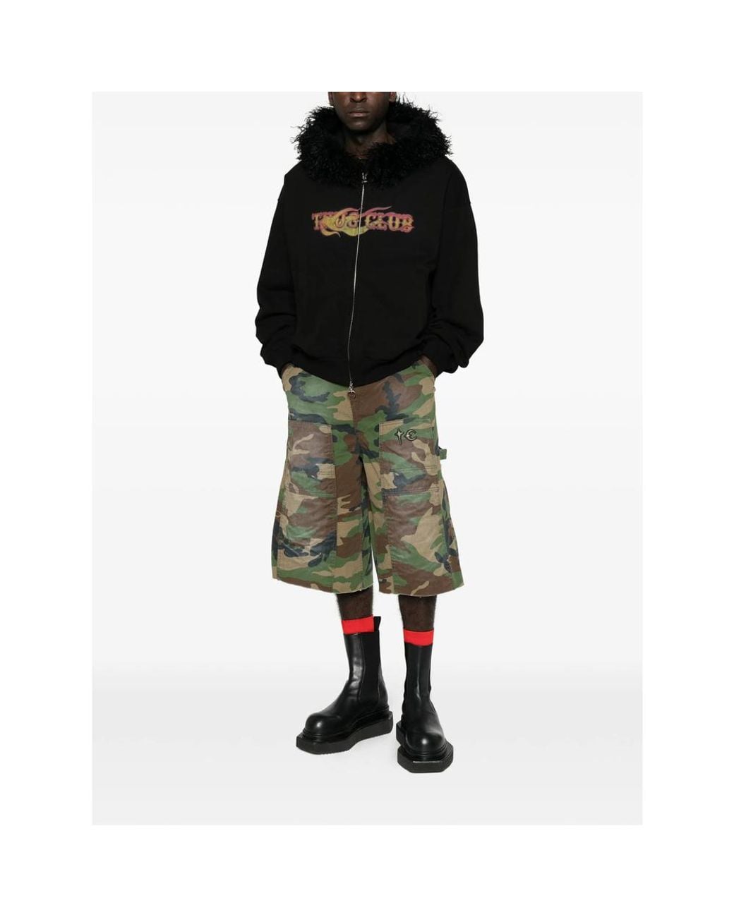 THUG CLUB Black Faux-Fur Trim Graphic-Print Hoodie for men
