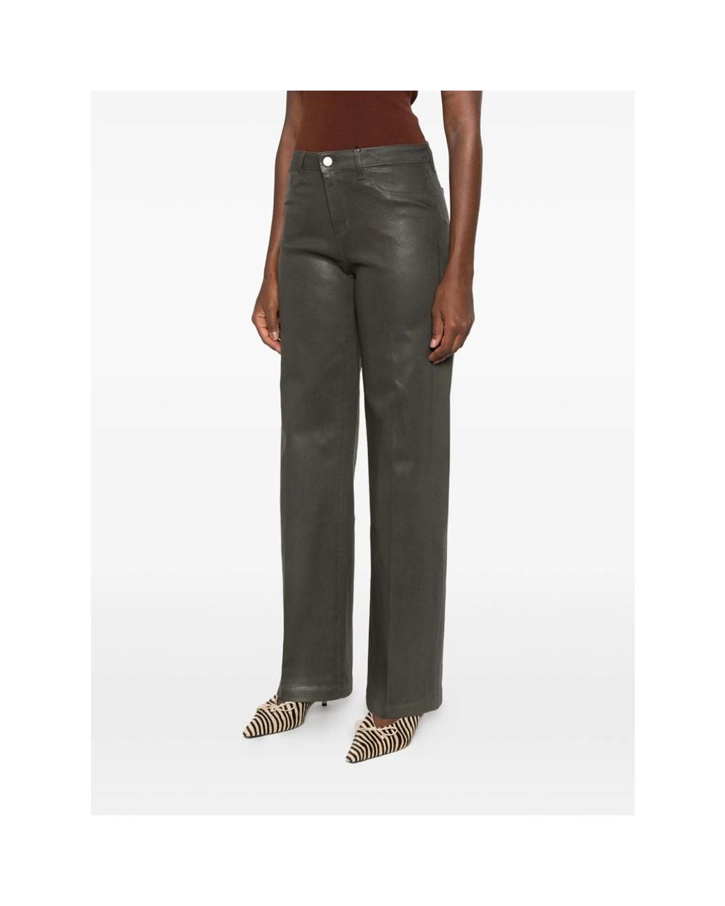 L'Agence Gray Coated Straight-Leg Trousers