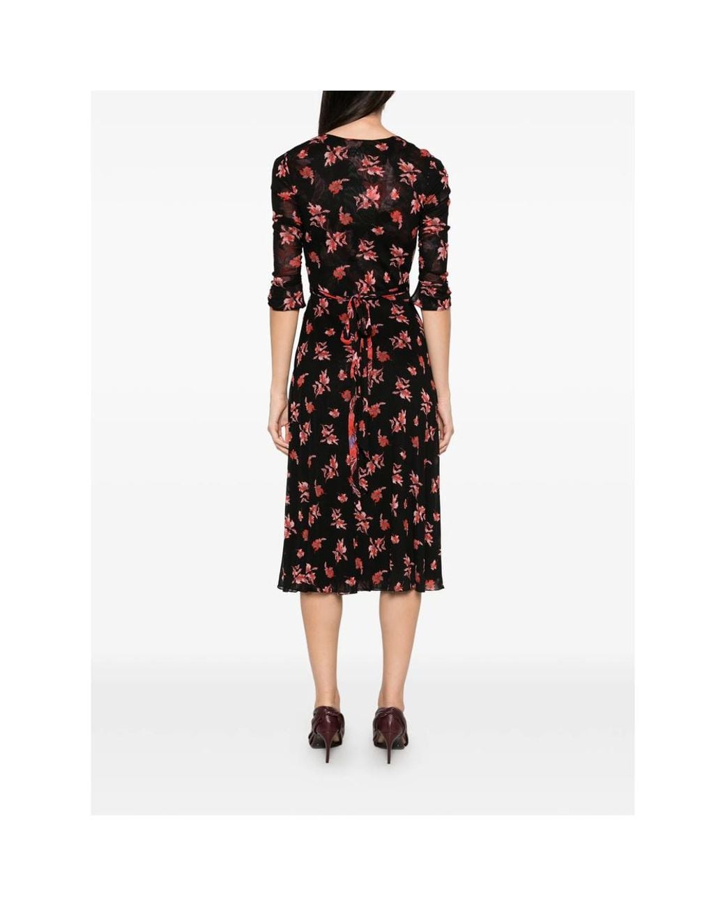 Diane von Furstenberg Black Carmen Floral-Print Ruched-Sleeve Midi Dress