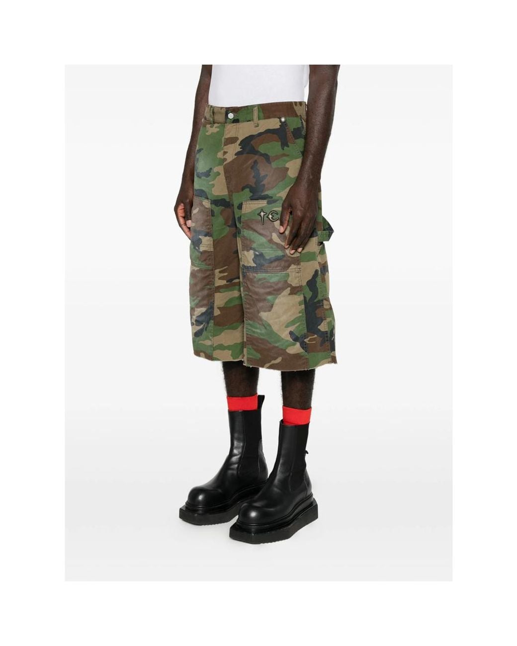 THUG CLUB Green Camouflage-Print Cargo Shorts for men