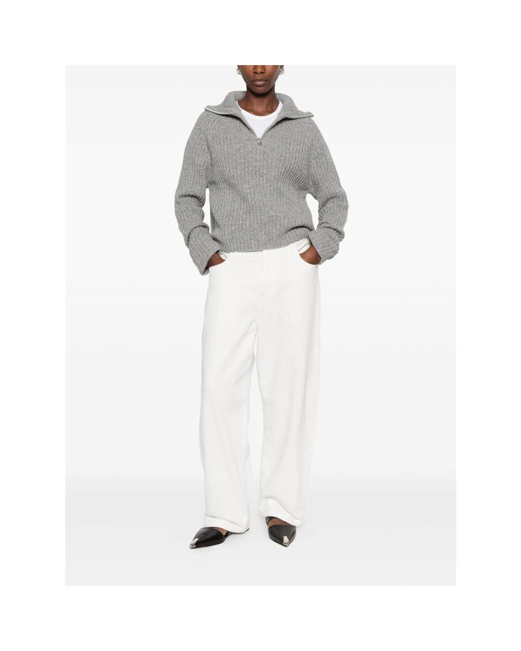 LA PISCINE Gray Ribbed-Knit Zip-Neck Sweater