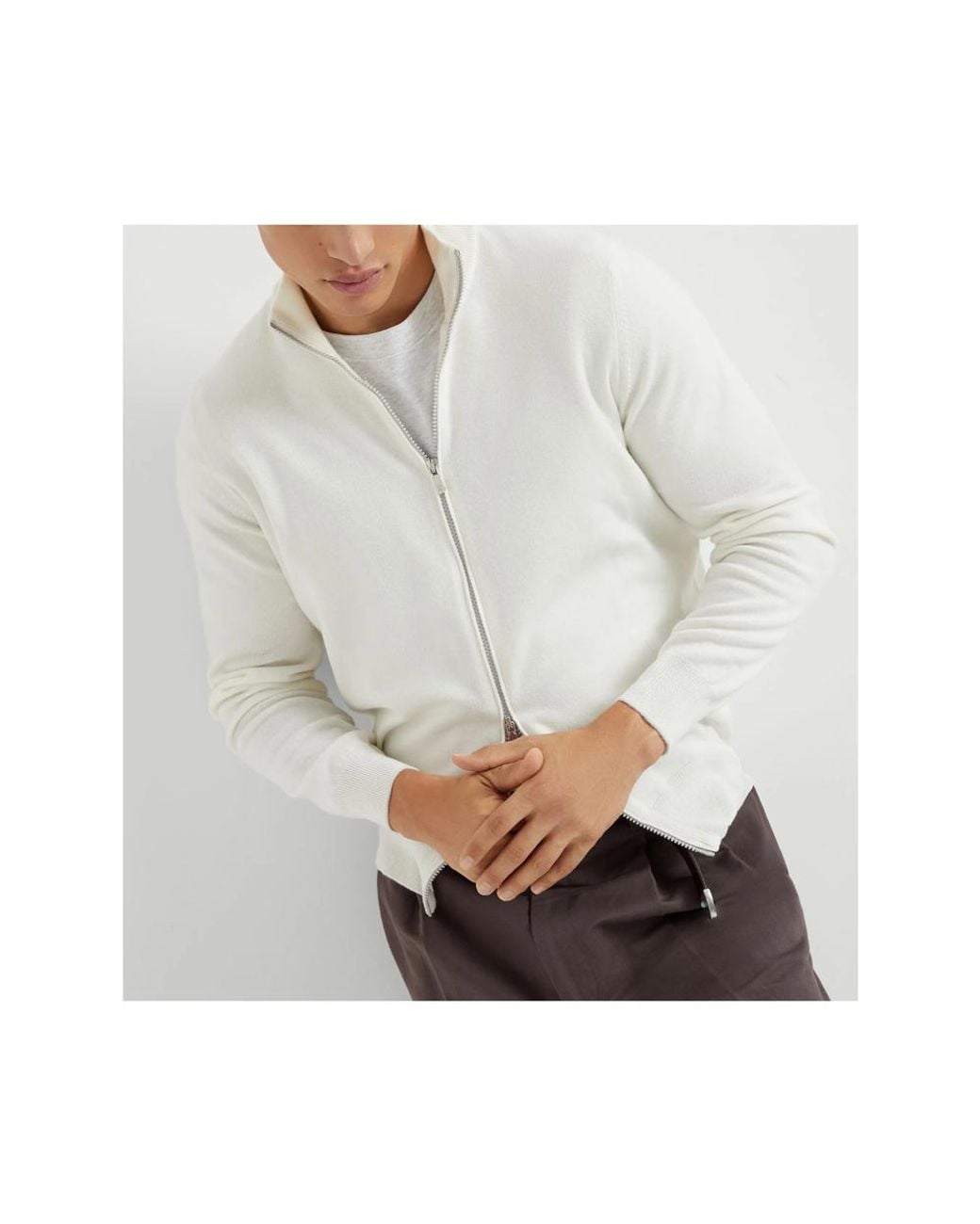 Brunello Cucinelli White Cashmere High-Neck Cardigan With Zipper for men