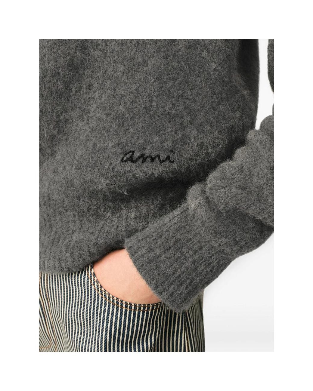 AMI Gray Wool And Alpaca Polo With Ami Embroidery for men