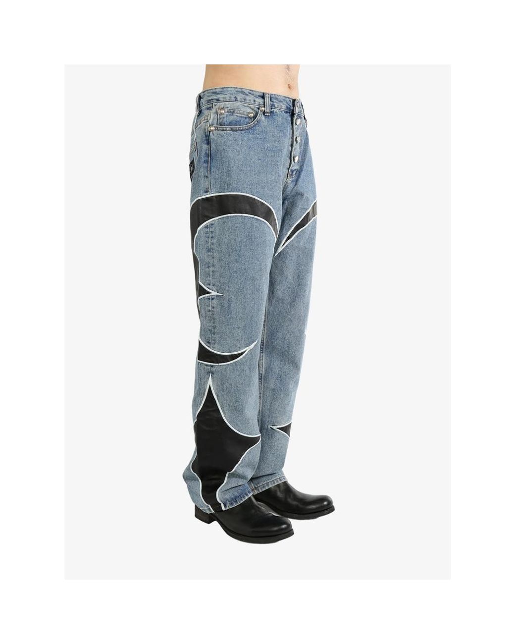 THUG CLUB Blue Leather Panelled Jeans for men