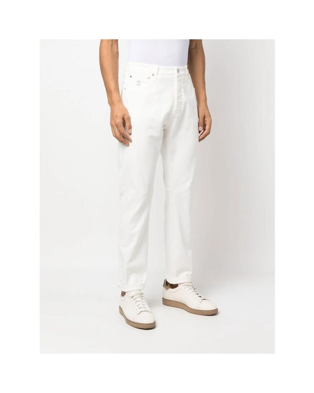 Brunello Cucinelli White Logo-Embroidered Jeans for men