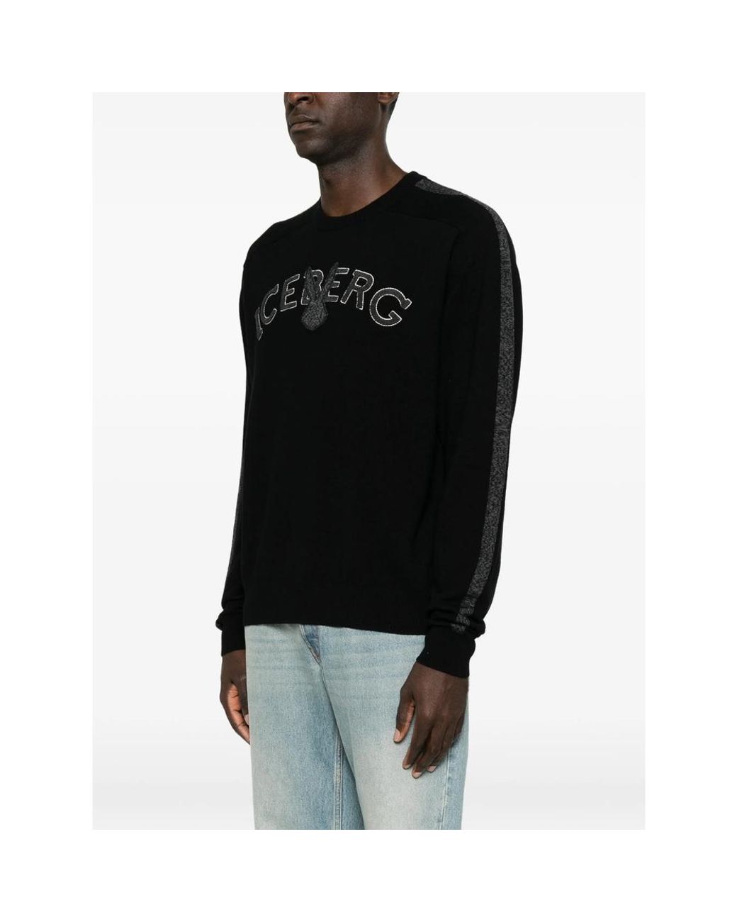 Iceberg Black Logo-Embroidered Side-Stripe Sweater for men