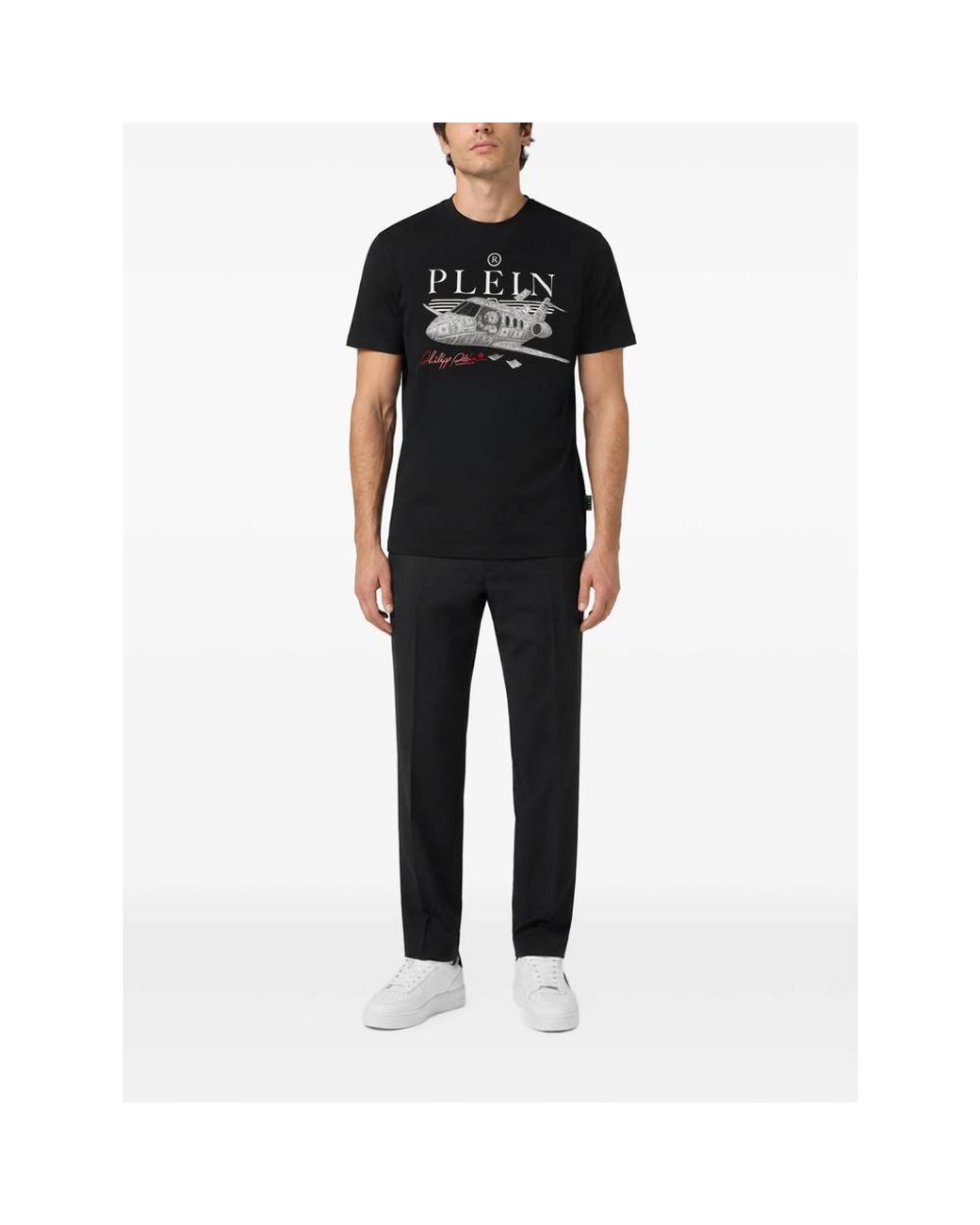 Philipp Plein Black Round Neck T-Shirt Teddy Plane Stones for men