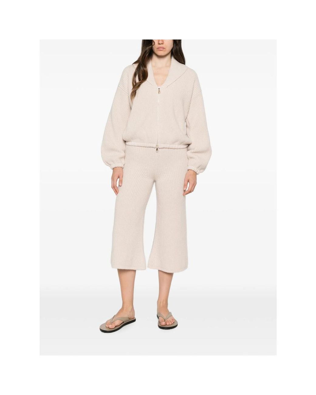 ELY ELY Natural Ribbed-Knit Zip-Up Cardigan