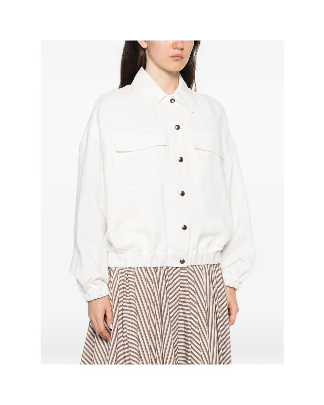 Brunello Cucinelli White Button-Up Bomber Jacket