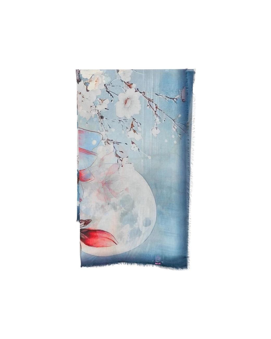 D'Aniello Blue Floral-Print Frayed Scarf