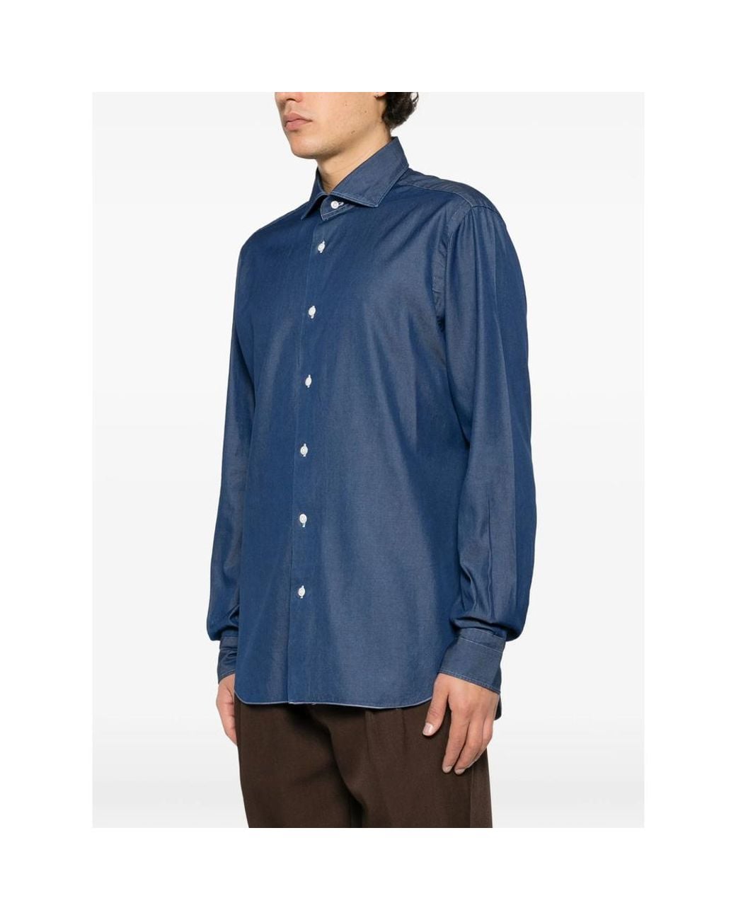 Barba Napoli Blue Long-Sleeve Spread-Collar Shirt for men