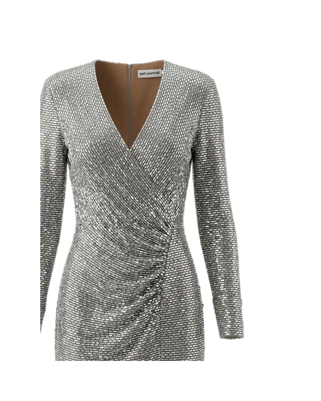 Self-Portrait Gray Rhinestone-Embellished Wrap-Style Dress
