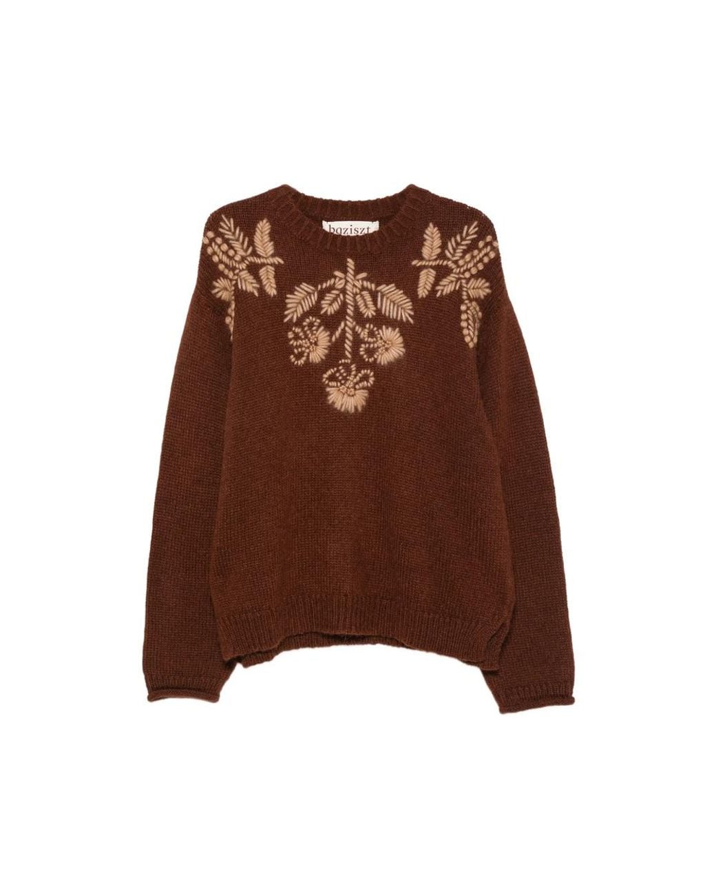 BAZISZT Brown Floral-Embroidered Chunky-Knit Sweater for men