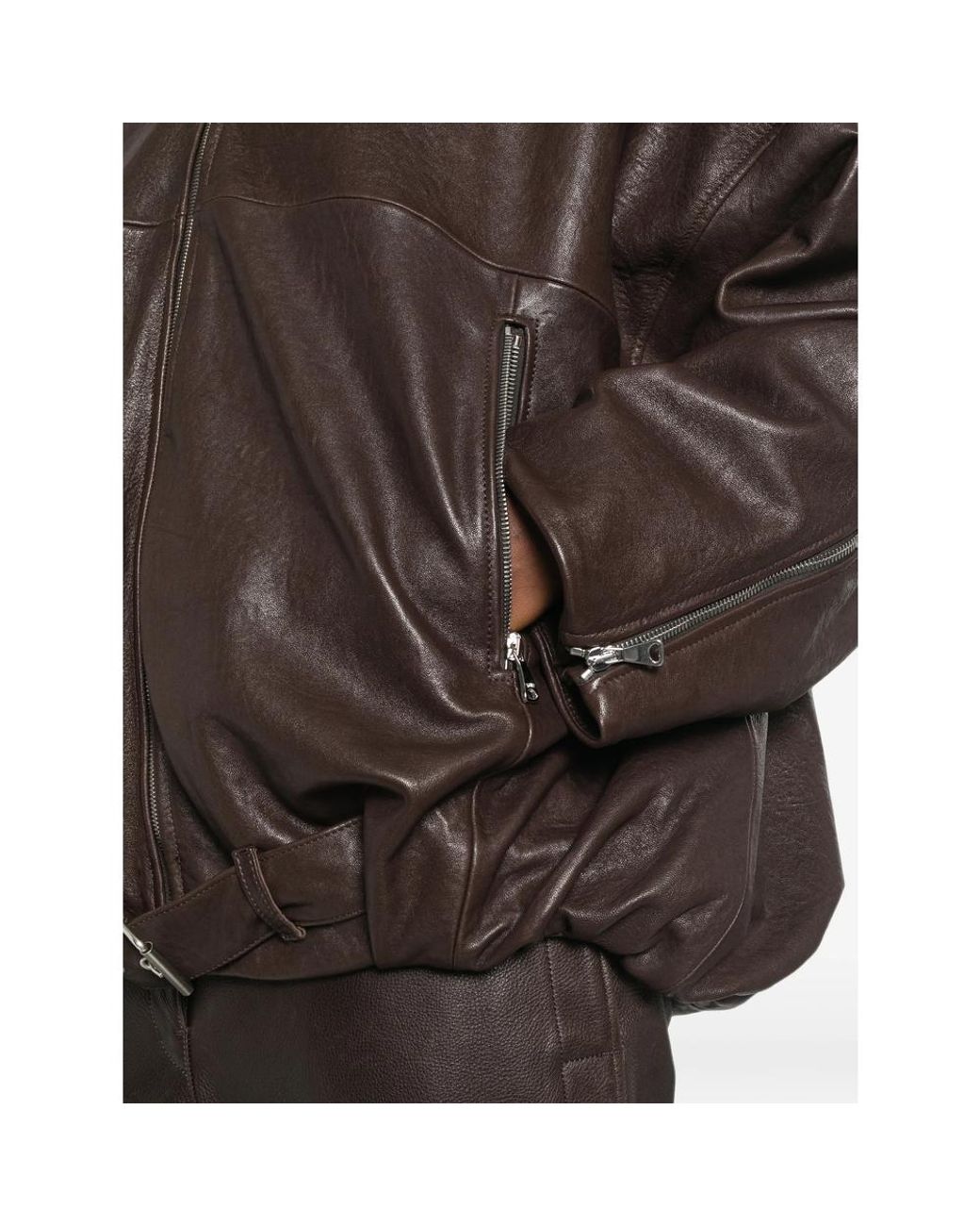 Emmeci Brown Belted Oversized Leather Jacket