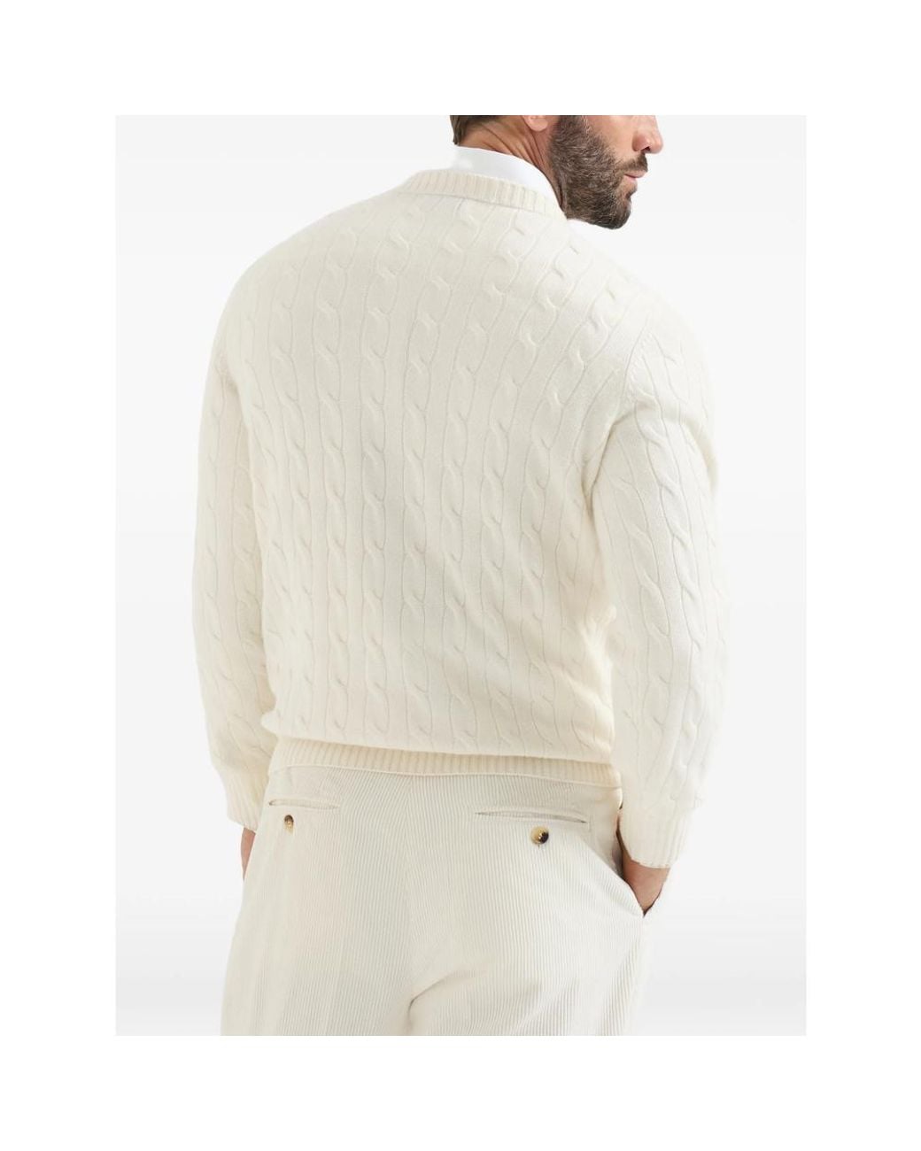 Brunello Cucinelli White Cable-Knit Cashmere Sweater for men