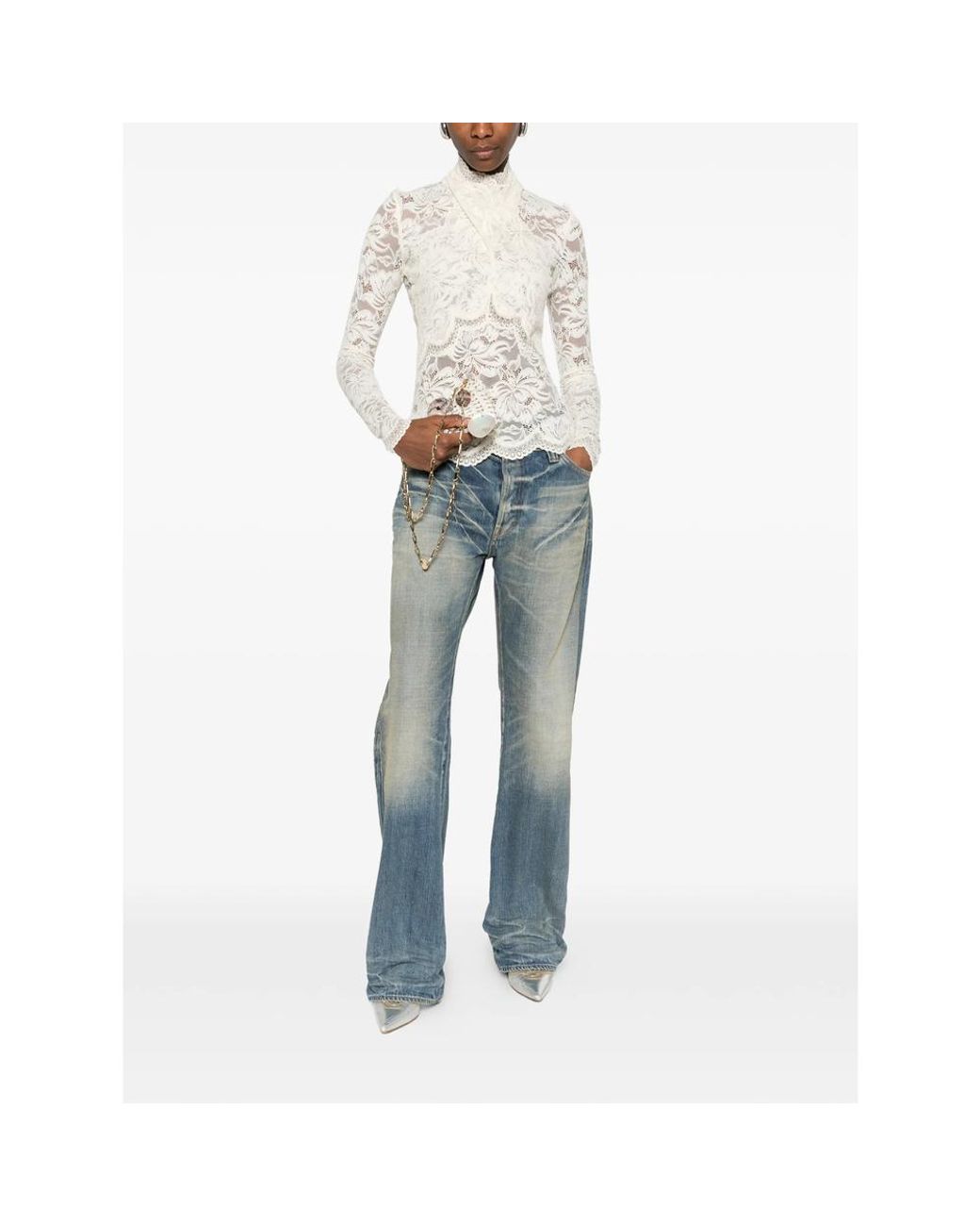 Rabanne White Long-Sleeved Lace Top With Cut-Out Details