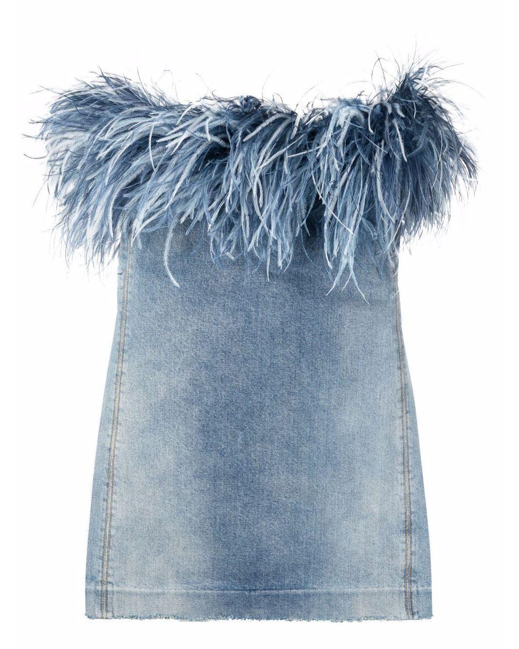 Saint Laurent Feather Trim Denim Dress in Blue | Lyst