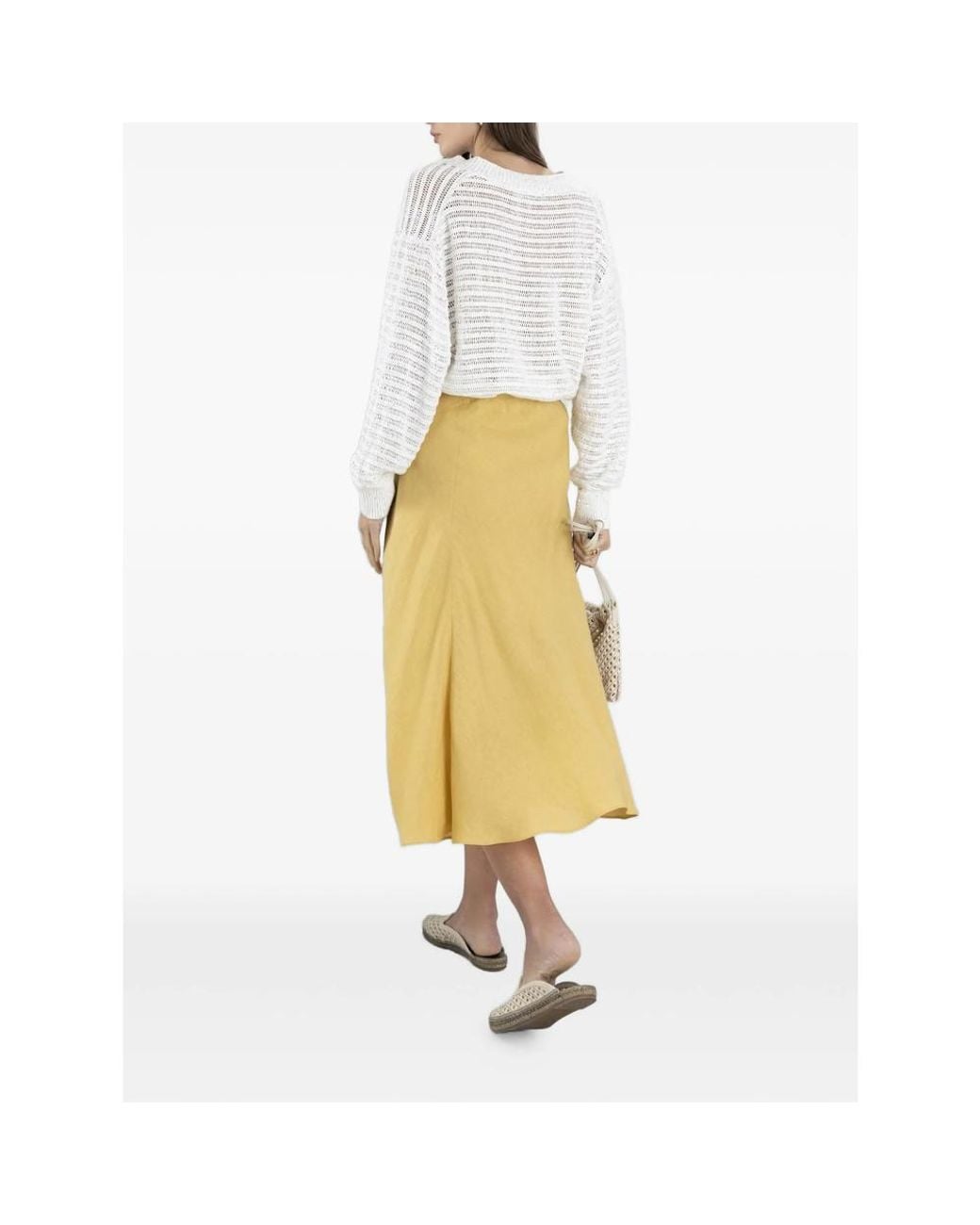 Brunello Cucinelli White Linen Diamond Yarn Sweater With Openwork Stripes