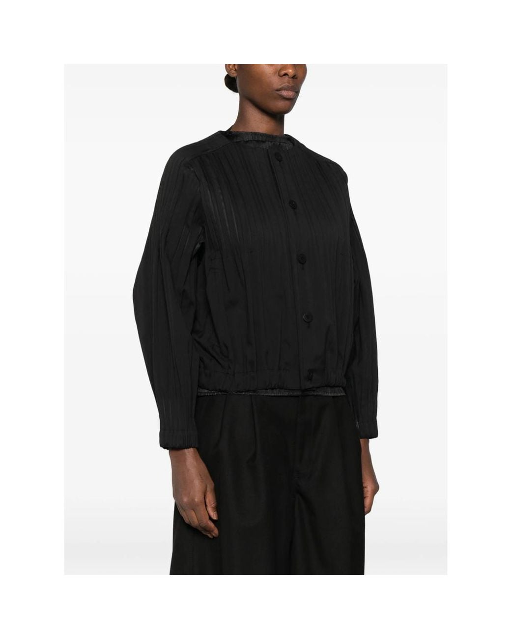 Pleats Please Issey Miyake Black Pleated Button-Up Jacket