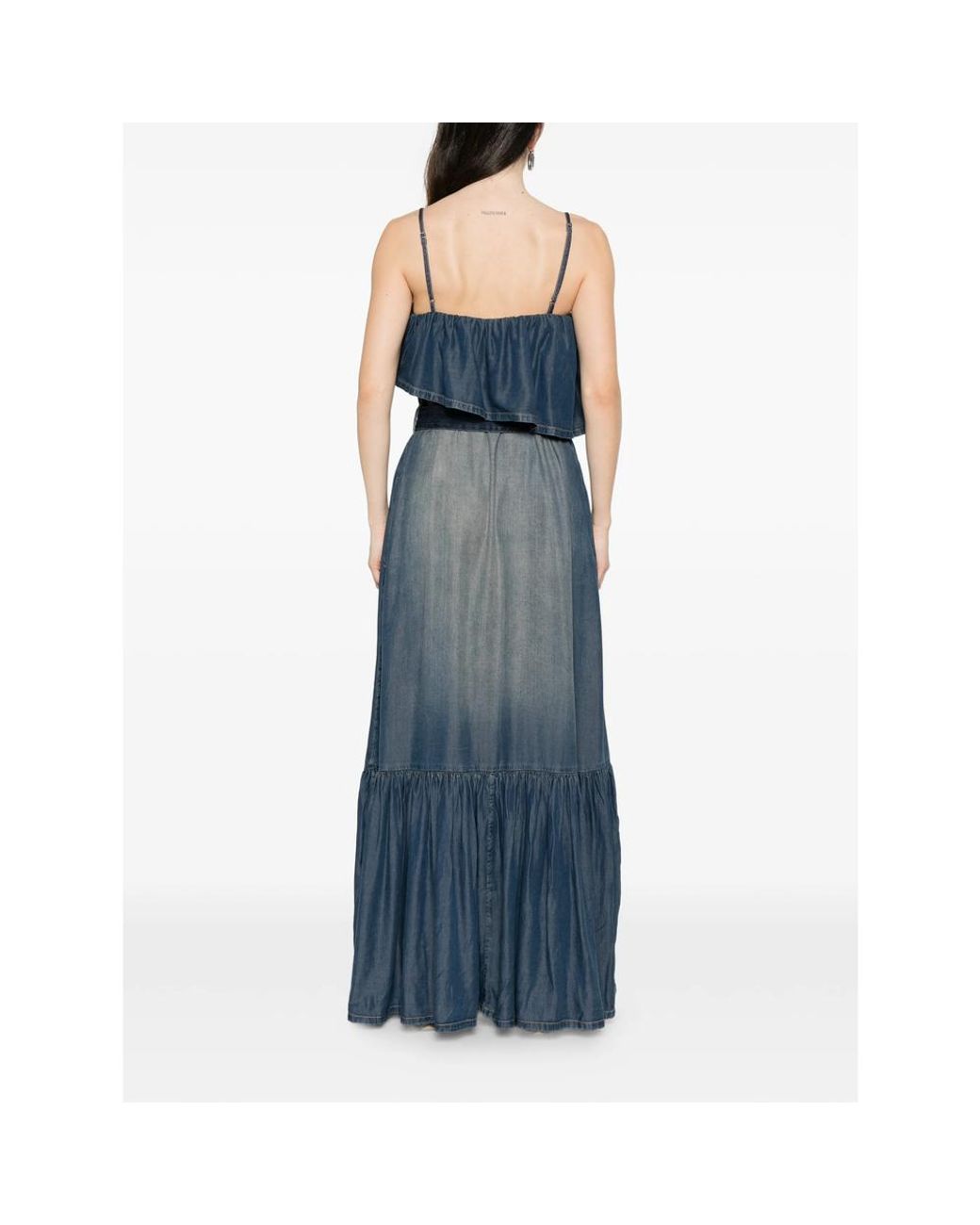 Pinko Blue Ruffled Belted Denim Maxi Dress