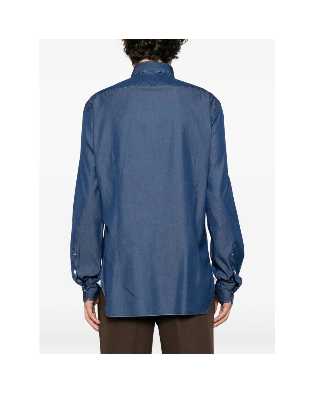 Barba Napoli Blue Long-Sleeve Spread-Collar Shirt for men