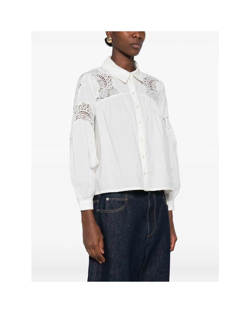 Ba&sh White Roseannie Lace-Panelled Ruffled Blouse