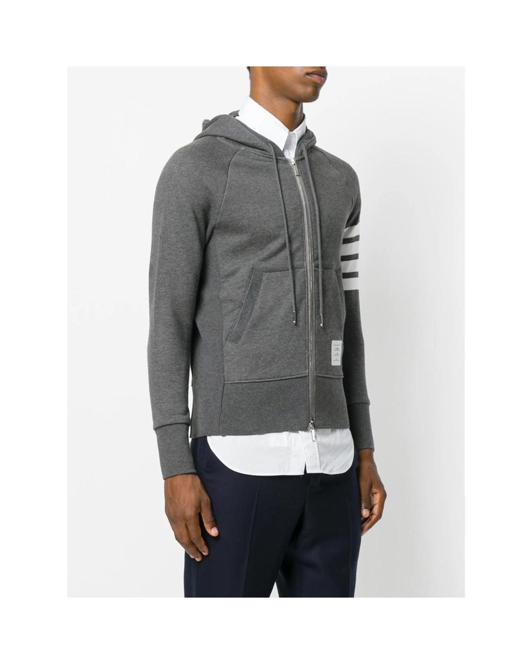 Thom Browne Gray Zip-Up Hoodie With Contrasting Stripes for men