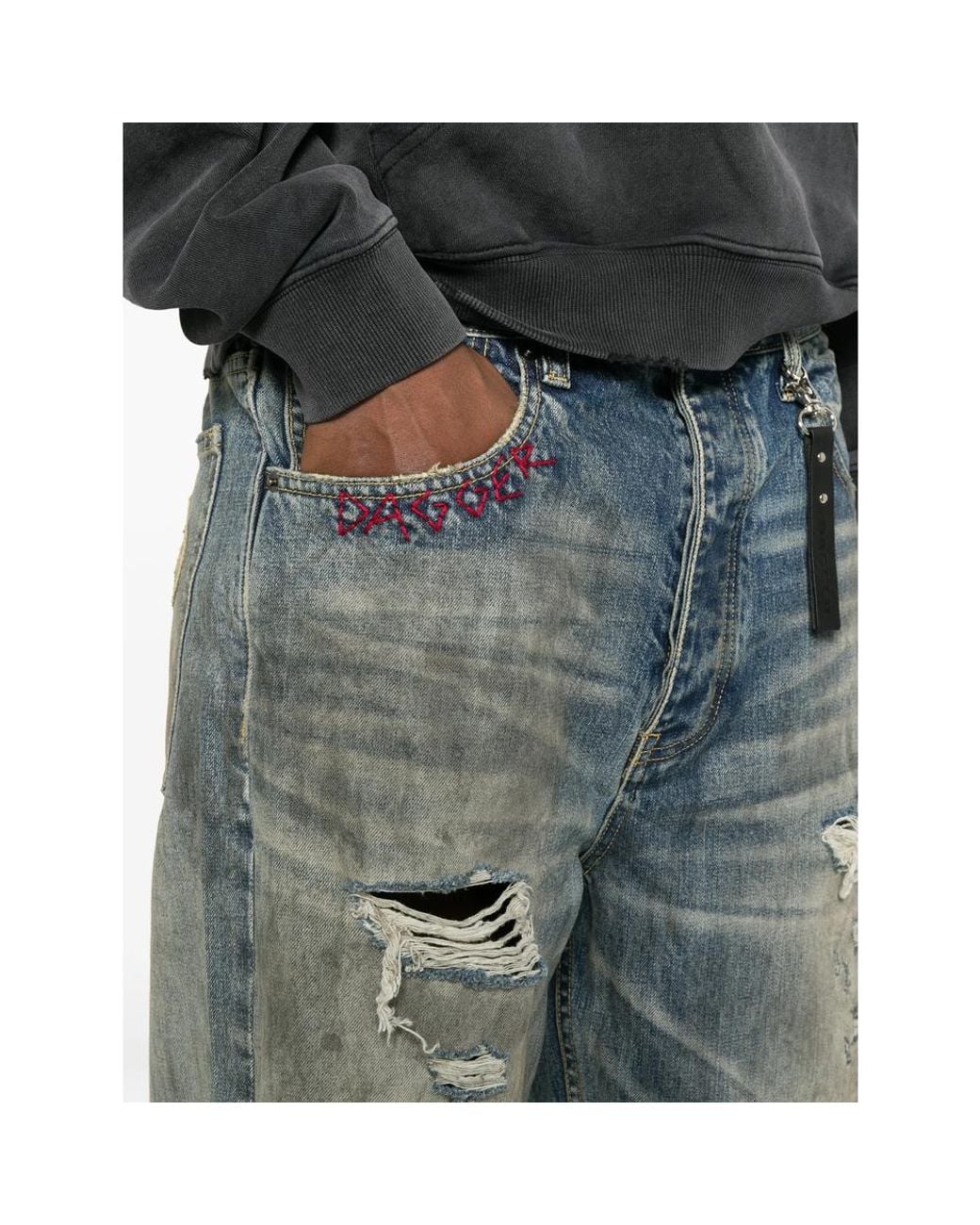 DAGGER Blue Distressed Wide-Leg Jeans for men