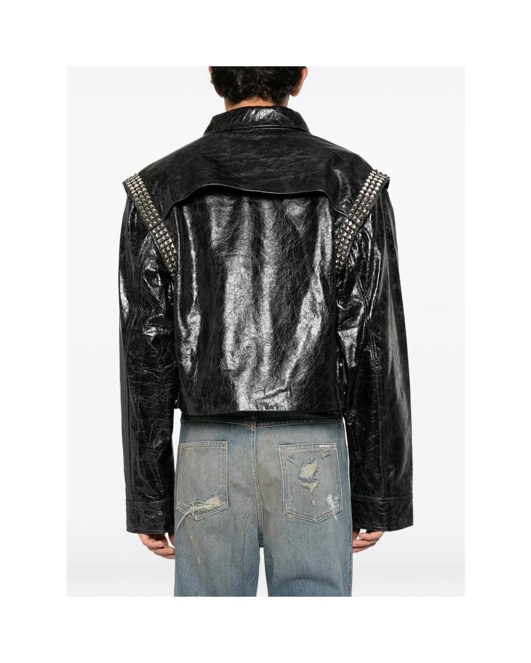 SEKRIT Black Stud-Embellished Leather Jacket for men